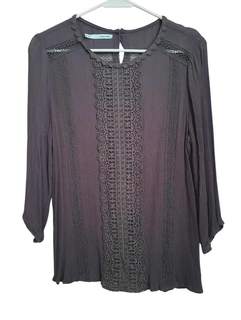 Maurices Women's Size M Gray Crochet Lace Trim Blouse Button Back 3/4 Sleeve